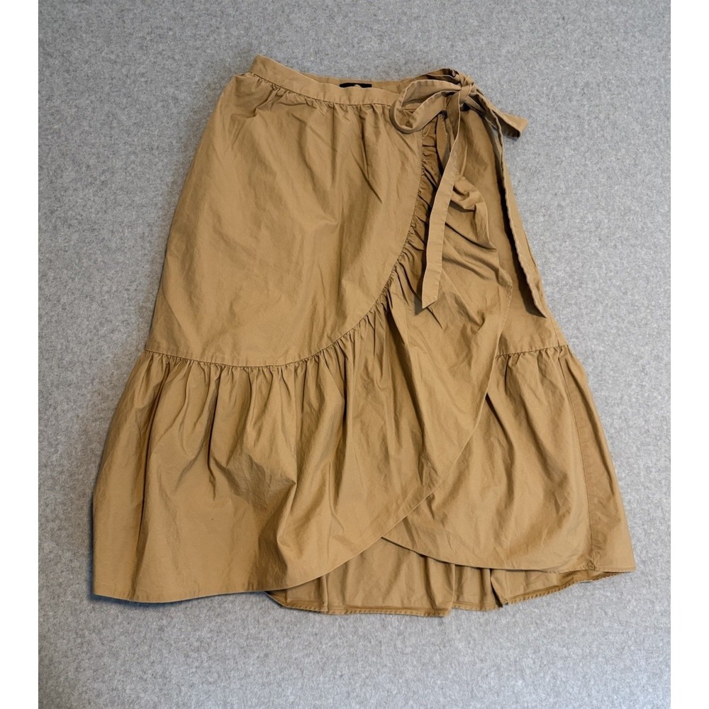NWT J.CREW Honey Brown Camel Poplin Wrap Midi Skirt Size 4 Tie Waist Ruffle Hem